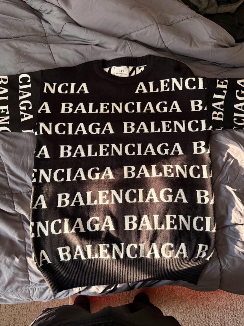 Balenciaga Black and White Allover Logo Crewneck Sweater